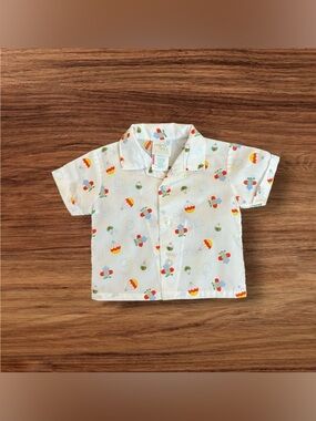 Vintage Mini Togs Baby Airplane Hot Air Balloon White Shirt Collar Sz 0-6 Months